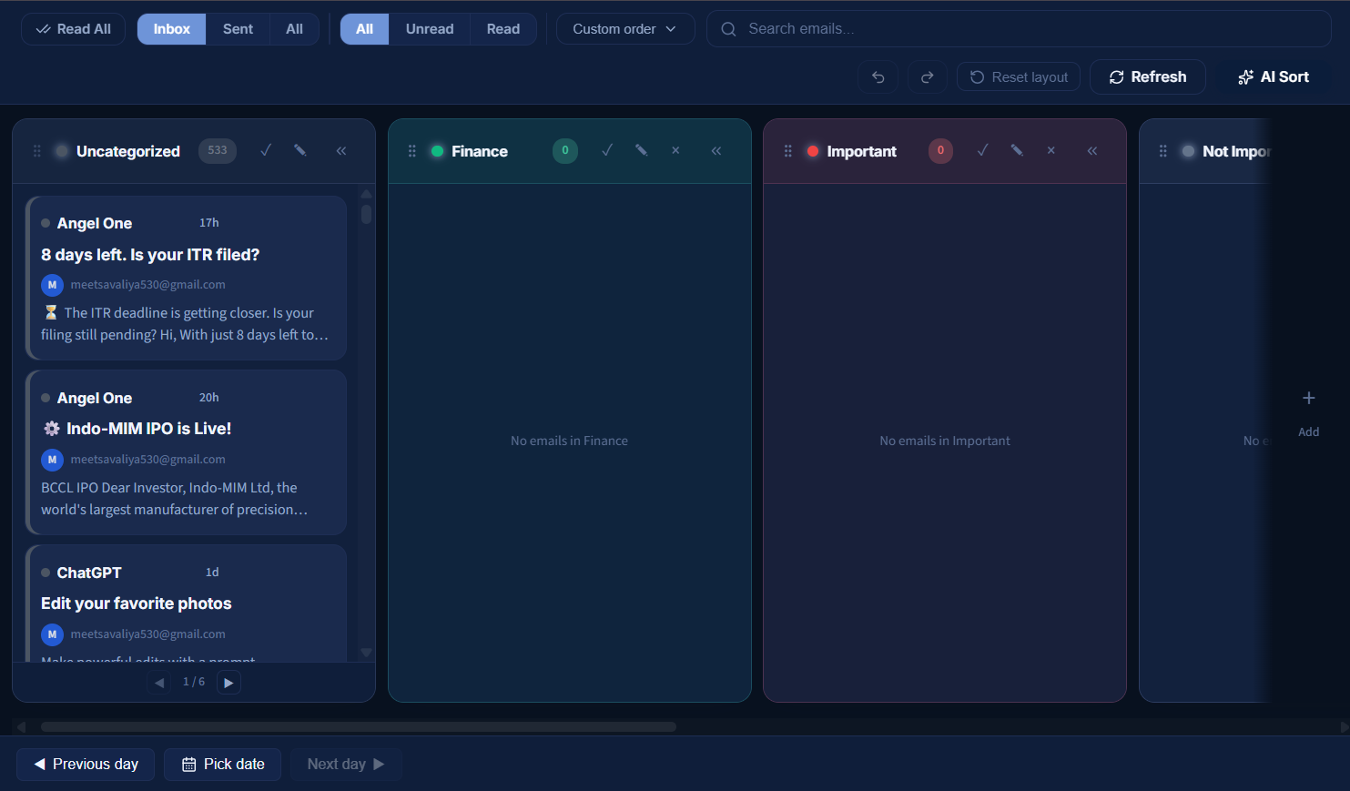 EmailsDaily inbox before sorting: 533 uncategorized emails, Finance and Important categories empty